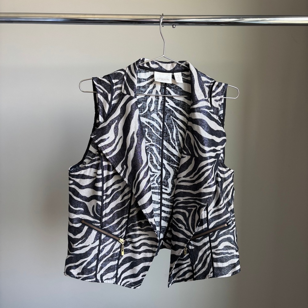 Chico's Zebra Print Linen Blend Foiled Vest Black Cream Metallic Shimmer Size 1